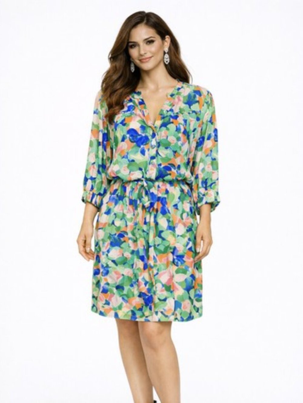 Democracy Lantern Sleeve Button Up Watercolor Floral Dress